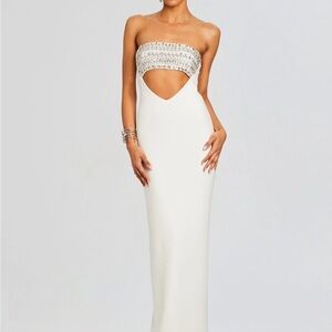 Retrofete Swan Strapless Embellished Cutout Maxi Dress